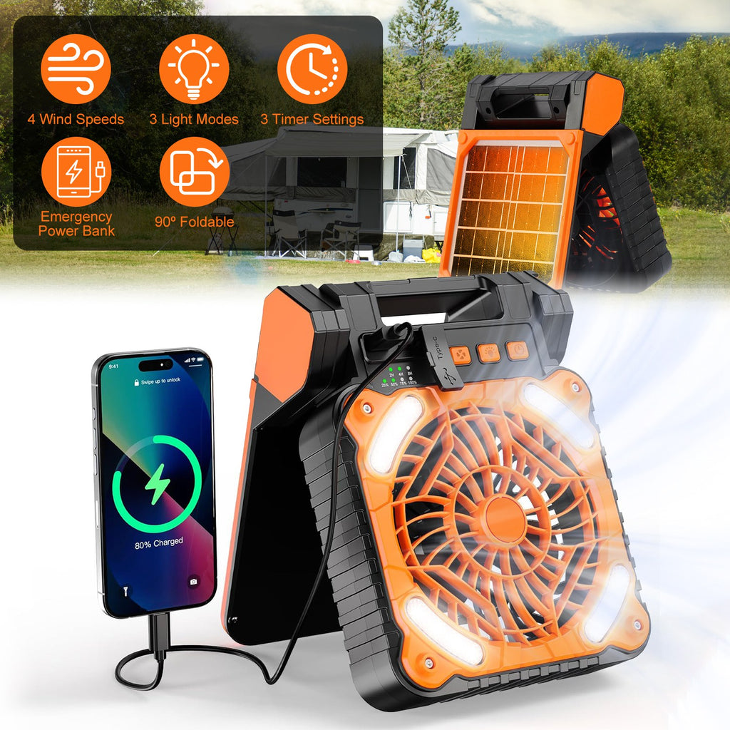 Solar Camping Fan with LED Lantern & Power Bank
